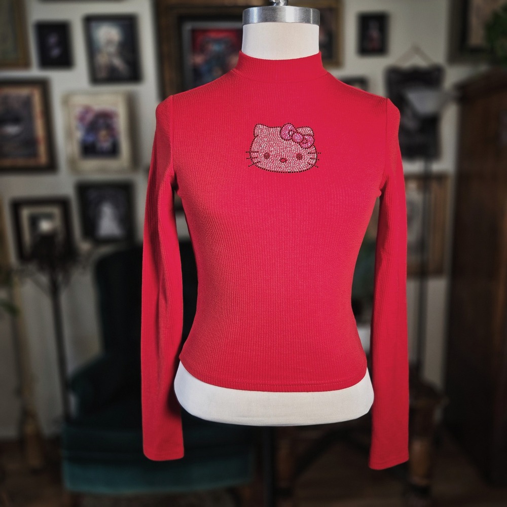 Hello Kitty‎ Top Forever 21 Red Mock Neck Rhinestone Sanrio Y2K Ribbed Small